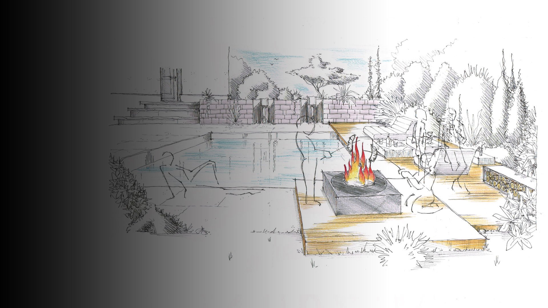 Die Handskizze zeigt den swissfirecube easyline in einem Garten mit Pool.