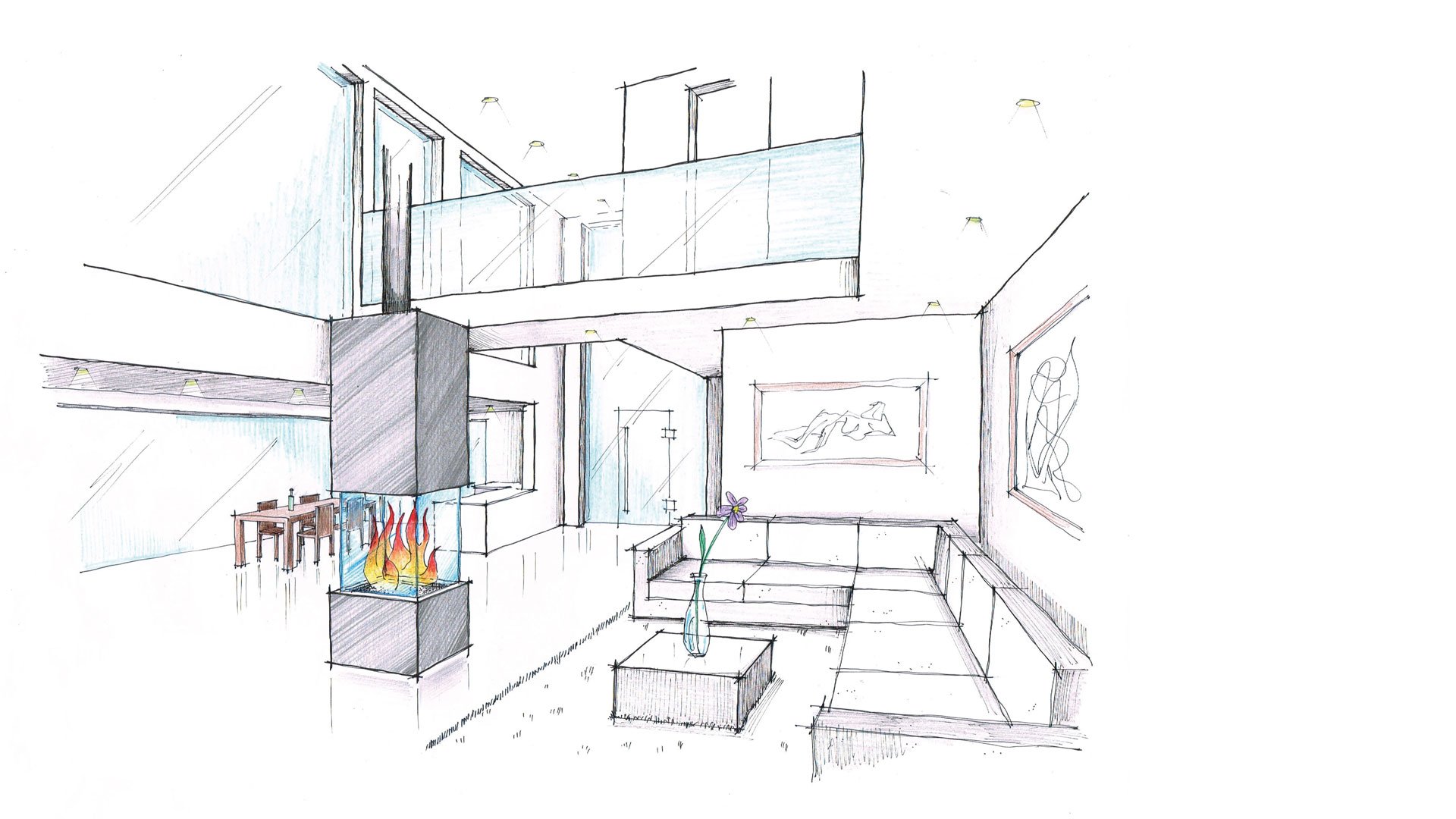 Die Architekturskizze zeigt einen 4-seitigen swissfirecube in einem Wohnraum mit Galerie.