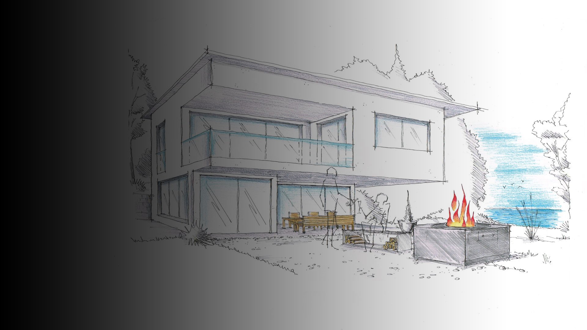 Arichitekturskizze des swissfirecube primeline vor einem modernen Einfamilienhaus.